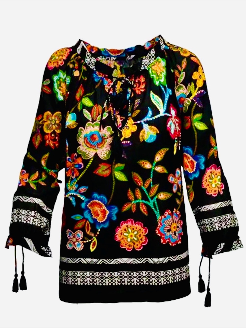 KiKiSol XXL Artisan Black Blouse with Bright Multicolor Floral Print &Embroidery